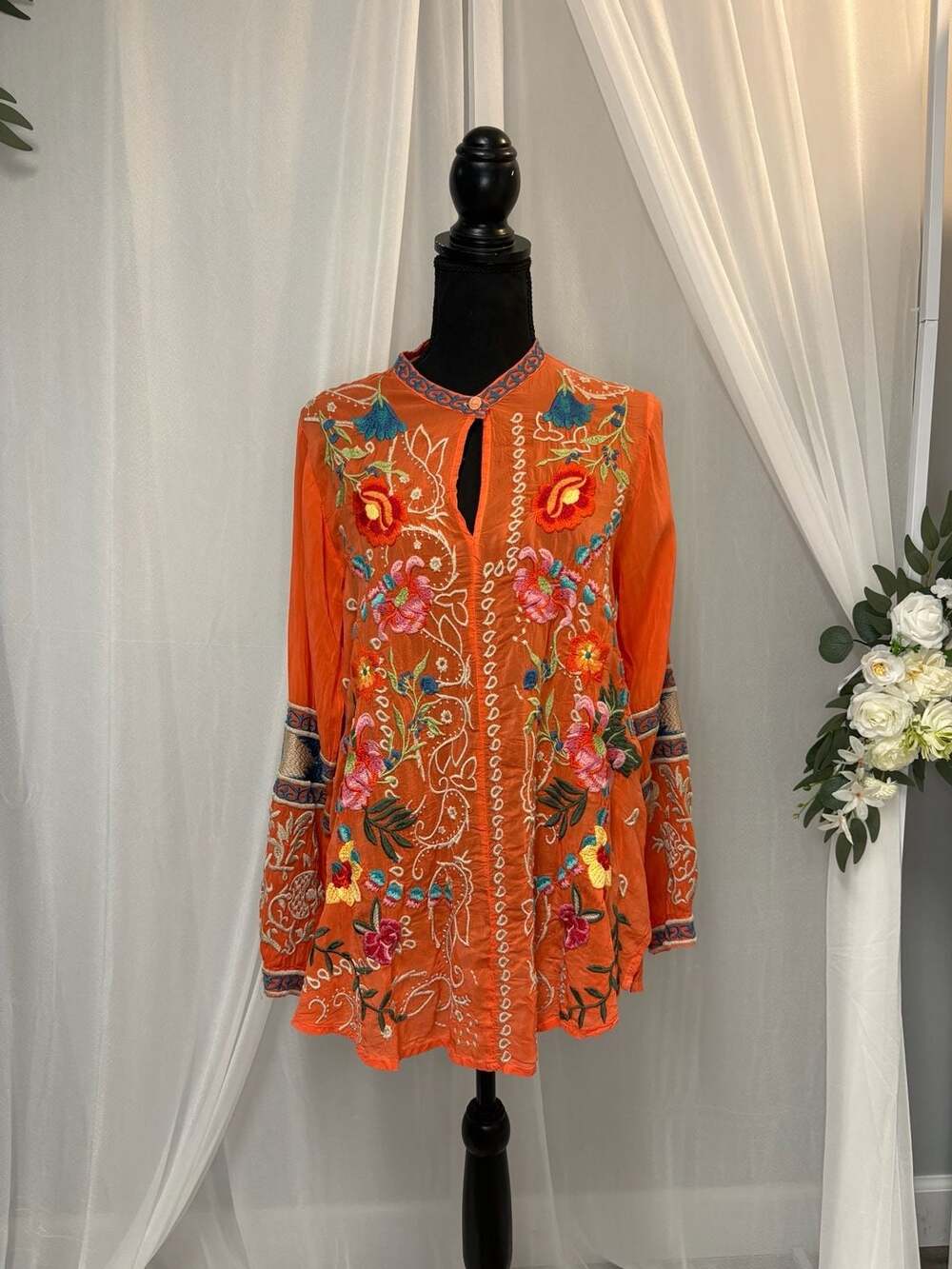 Johnny Was Tamarind Embroidered Georgette Keyhole Blouse